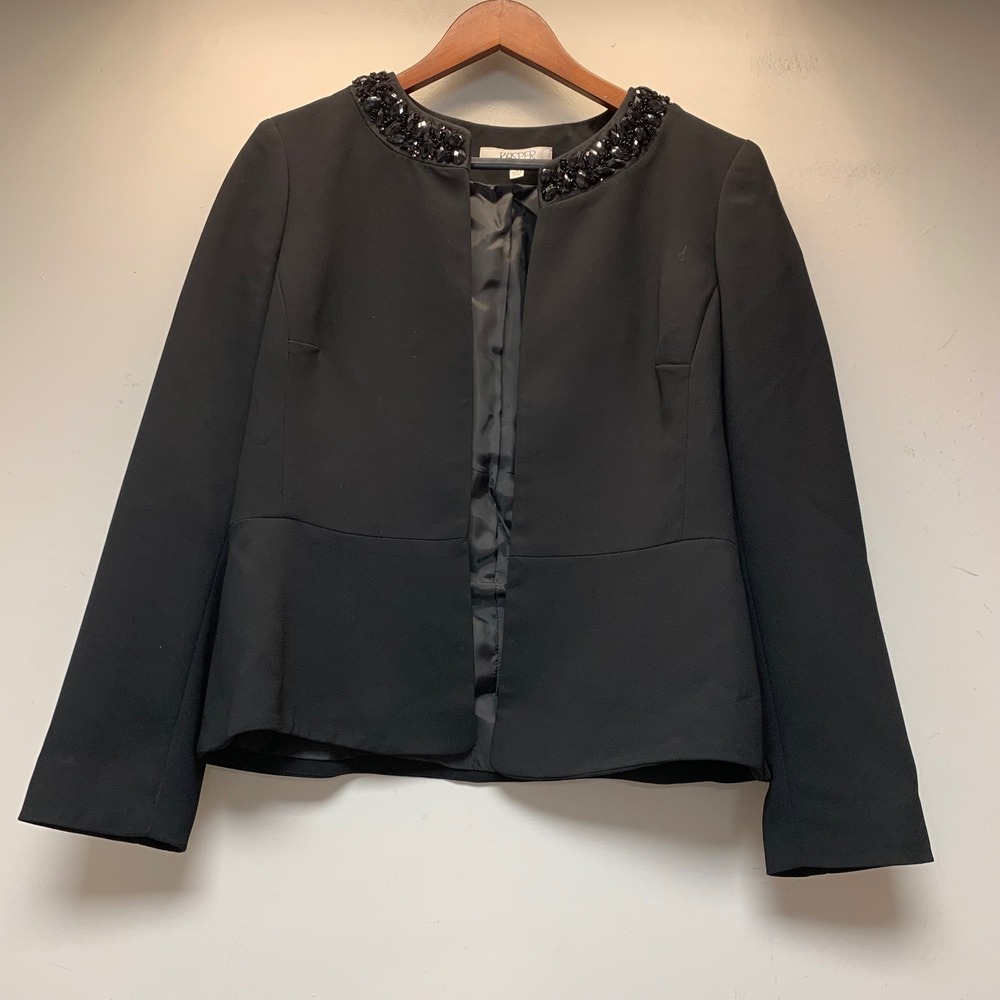 Kasper Blazer Women 10 Black Excellent Embellished Collar Open Front 15266
